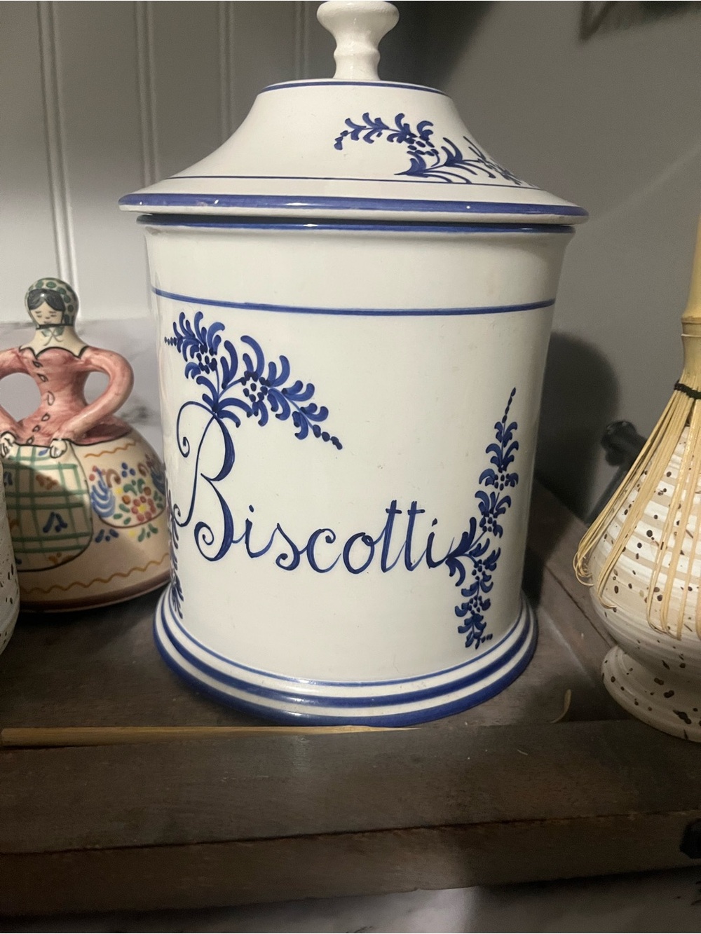 Vintage White and Blue Biscotti Ceramic Canister or Cookie Jar